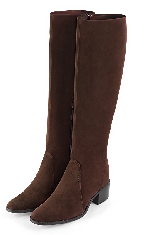 Dark brown women's riding knee-high boots. Round toe. Low leather soles. Made to measure. Front view - Florence KOOIJMAN